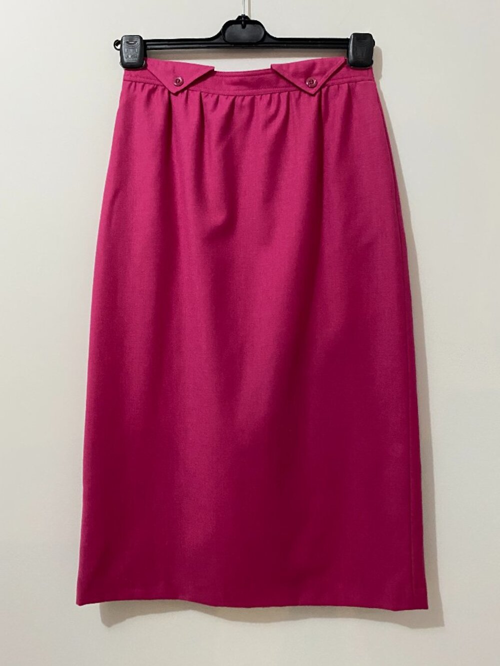 Vintage 100% Wool 1970s Pink Midi Pencil Skirt Gathered Stretch Waistband Retro